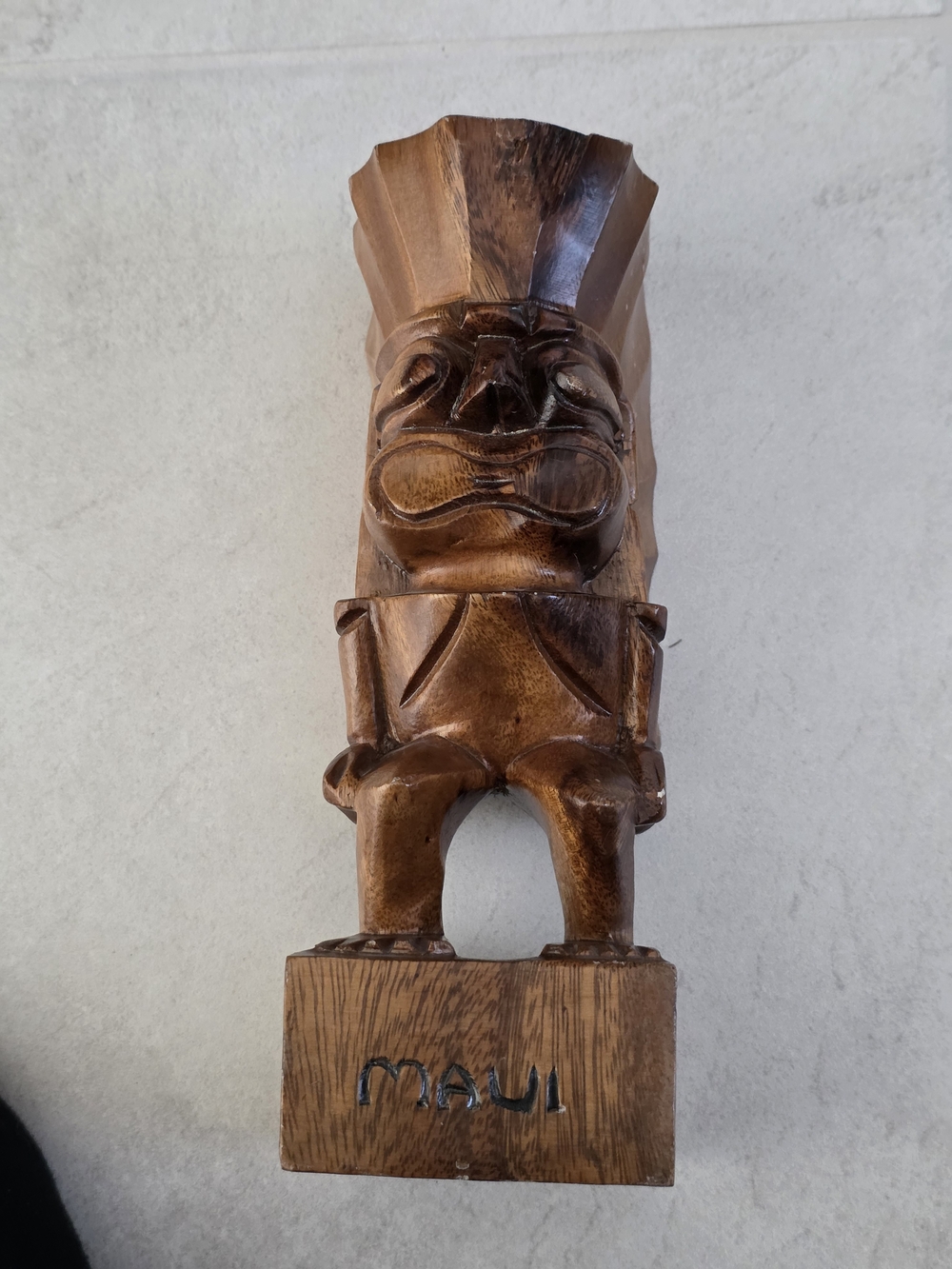 Hand Carved Maui Surf God Tiki Statue - Brown Wood. 10 Inches Tall.
